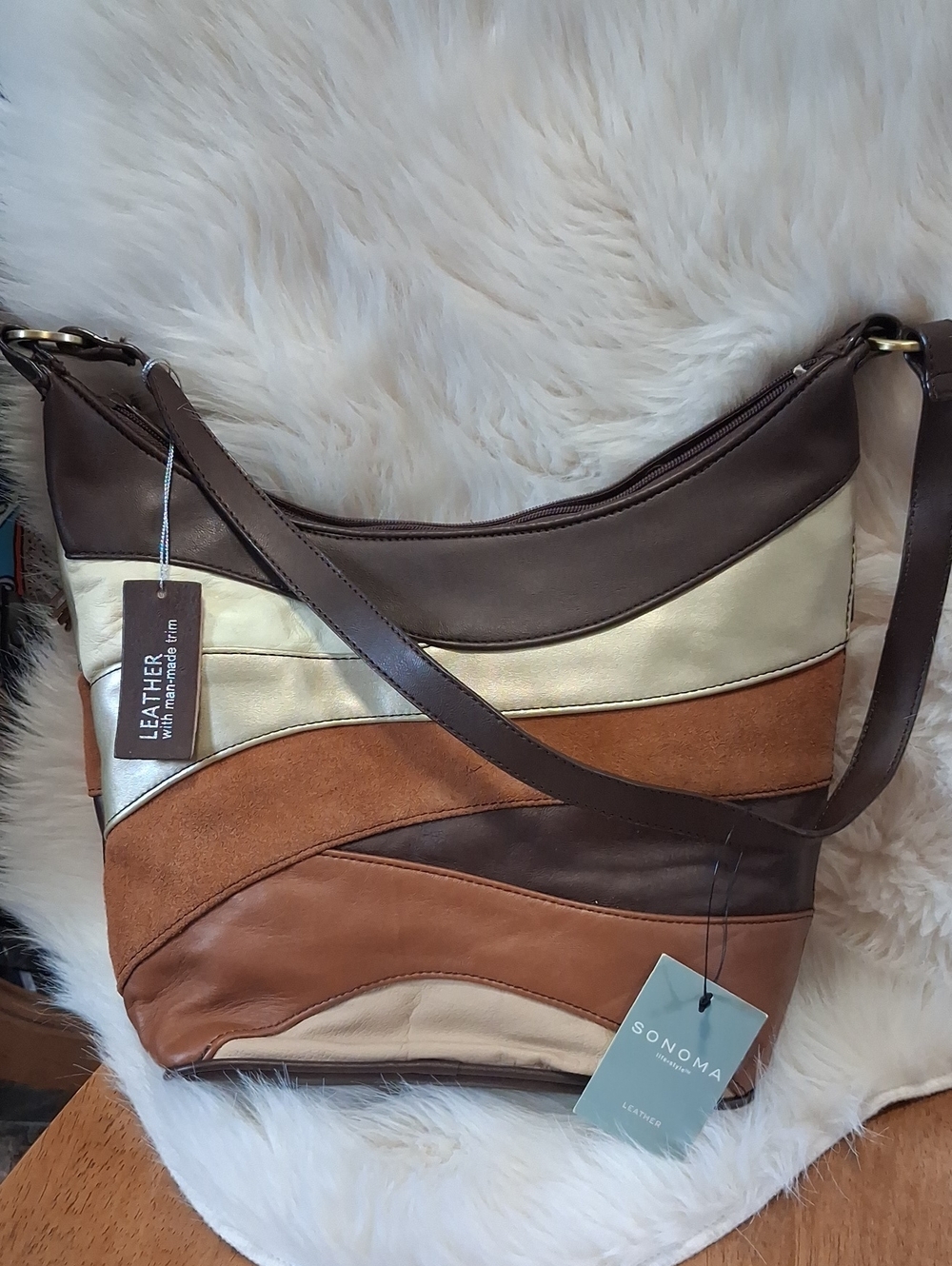 Sonoma Brown, Tan & Metallic Cream Patchwork Leather Shoulder Bag